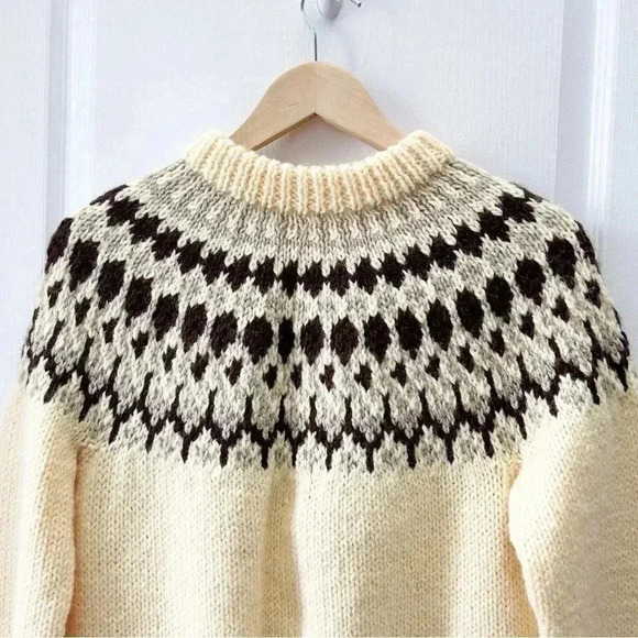 Hand Knit Cardigan Button Up Sweater Fair Isle Yellow and Brown  Size Small - Picture 7 of 13